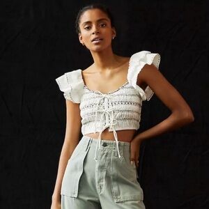 NWT Anthropologie smocked tie front ruffle sleeve crop top